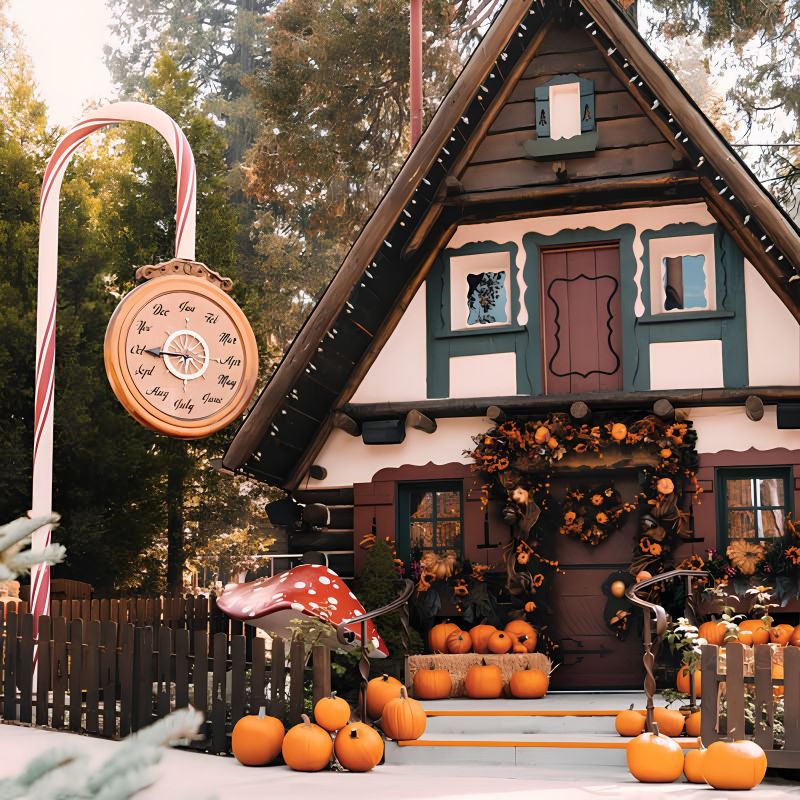 Pumpkins outside a decorated cottage at SkyPark